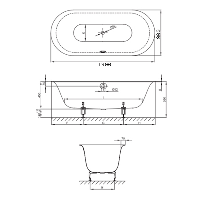 BETTE Lux Oval Ванна встраиваемая 190x90x45 см с самоочищающимся покрытием BETTEGlasur ® Plus, цвет белый