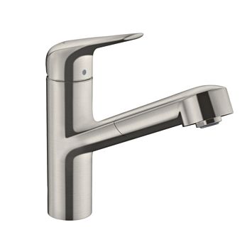 Кухонный смеситель Hansgrohe Focus, на 1 отв., с выдвижным изливом, цвет: полированная сталь