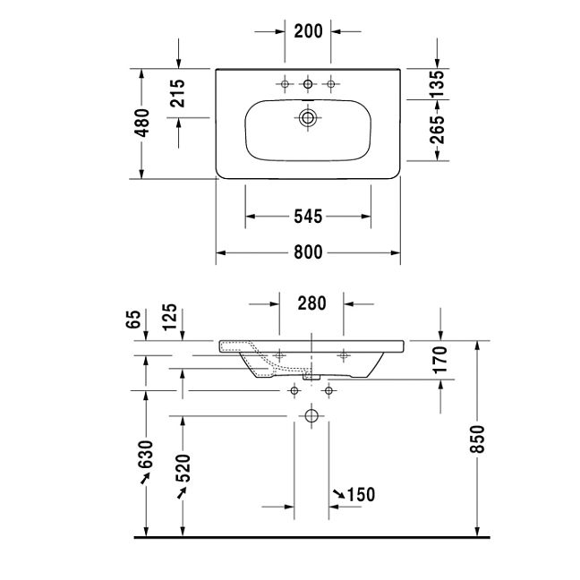 Duravit DuraStyle Раковина  для мебели,с перел., с 1 отв. под смес., 800x480мм, цвет: Белый