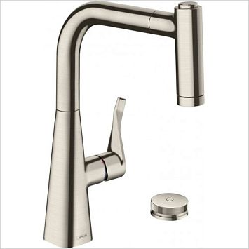 Смеситель для кухни Hansgrohe Metris Select M71 на 2 отв, поворотный излив: 21.1см с вытяжным душем, 2jet, h:22см, sBox, кнопка вкл/выкл, цвет: нержавейка