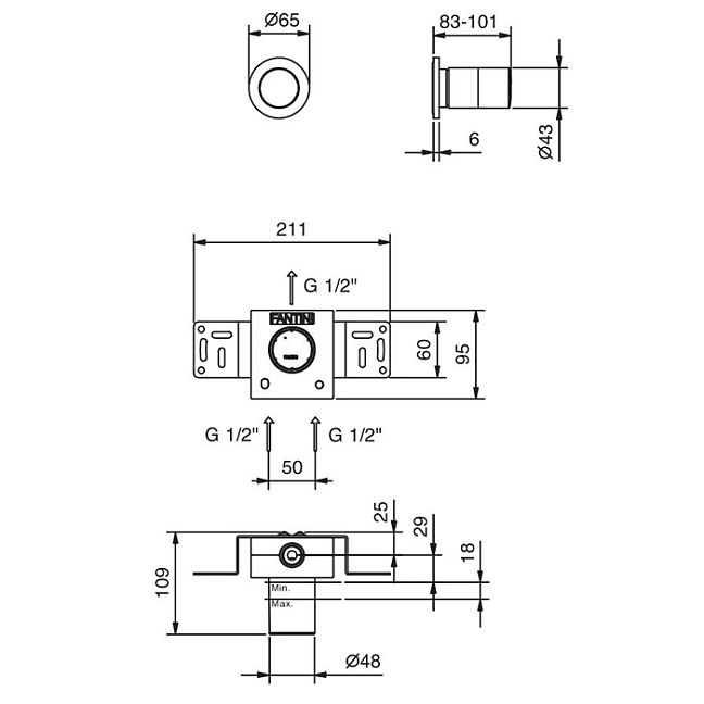 Fantini Nice Смеситель для душа 6502S063SB, встраиваемый, на 1 источник, (без ручки, наружняя часть), цвет: хром