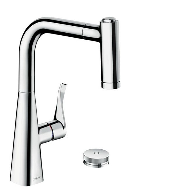 Смеситель для кухни Hansgrohe Metris Select M71 на 2 отв, поворотный излив: 21.1см с вытяжным душем, 2jet, h:22см, sBox, кнопка вкл/выкл, цвет: хром