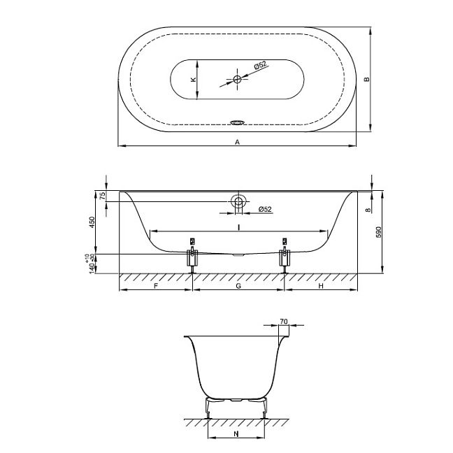 BetteLux Oval Ванна встраиваемая овальная с шумоизоляцией 180x80x45 см, цвет белый  (для удлиненного слива-перелива)