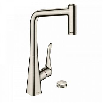 Смеситель для кухни Hansgrohe Metris Select M71 на 2 отв, поворотный излив: 23.6см с вытяжным душем, 2jet, h32см, sBox, кнопка вкл/выкл, цвет: нержавейка