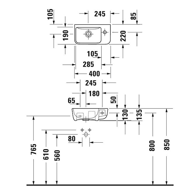 Duravit Me by Starck Раковина 400х220мм без перелива с 1 отв. под смеситель справа. цвет: белый