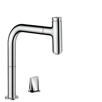 Смеситель для кухни Hansgrohe Metris Select M71 на 2 отв, поворотный излив: 22.1см с вытяжным душем, 1jet, h:20.8см, sBox, кнопка вкл/выкл, цвет: хром