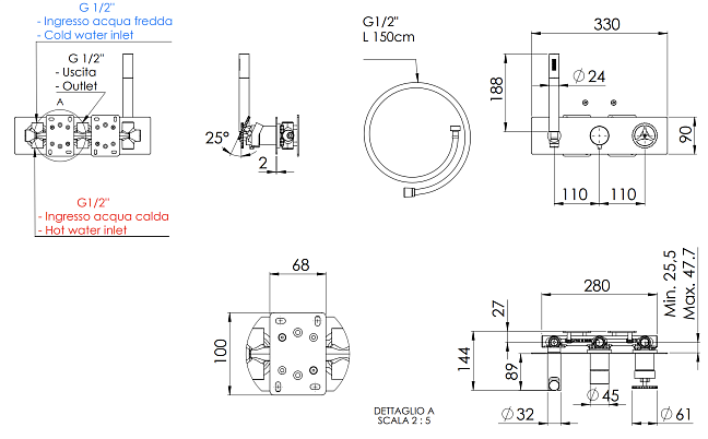 Смеситель для душа Remer Chrono CH97D2NO, черный матовый