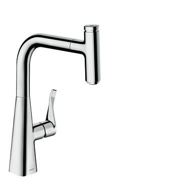 Смеситель для кухни Hansgrohe Metris Select M71 на 1 отв, поворотный излив 22.2см с вытяжным душем, 1jet, h23.8см, sBox, кнопка вкл/выкл, цвет: хром