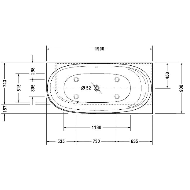 Duravit Cape Cod Ванна угол справа 1900x900mm с бесшовной панелью и ножками, с одним наклоном для спины, цвет: белый