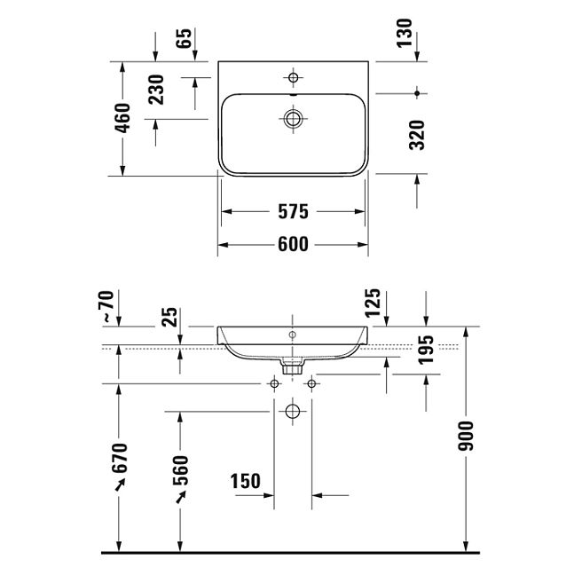 Duravit Happy D.2 PLUS Раковина 600х460 мм., без отверстий для смесителя, с переливом, с креплением, выпуск с керамическим клапаном, цвет: белый