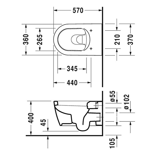 Duravit Me by Starck Унитаз подвесной с вертикальным смывом, вкл. крепление Durafix, 4,5 л., 370x570мм, цвет: Белый