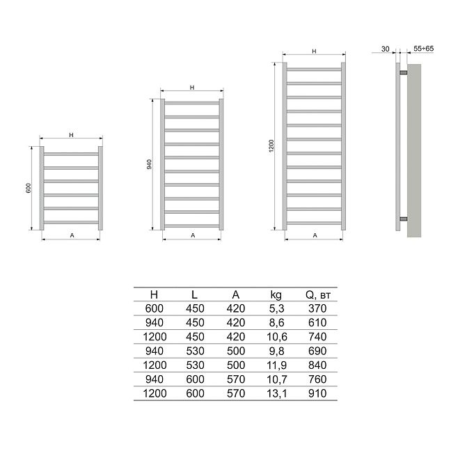 Электрический радиатор-полотенцесушитель NEOINOX QUADRO 120x53 box справа