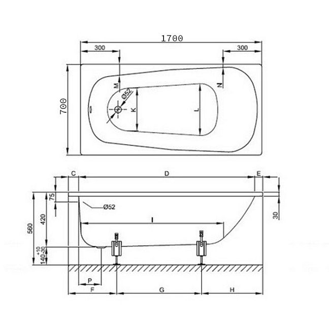 BETTE Form 2020 Ванна 1700х700х420 мм с шумоизоляцией, BETTEGlasur® Plus, цвет белый