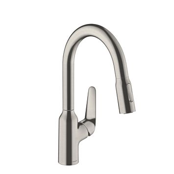 Кухонный смеситель Hansgrohe Focus, на 1 отв., с выдвижным изливом, излив: 18см., цвет: полированная сталь