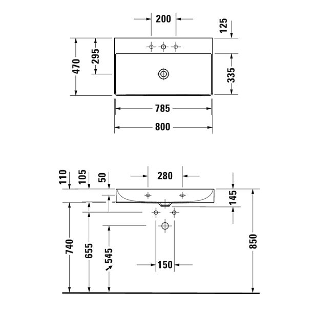 Duravit DuraSquare Раковина 800x470 мм., с 1 отверстием для смесителя, без перелива, с керамической крышкой, с креплениями, цвет: белый