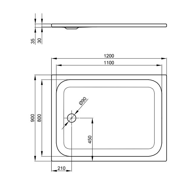 BETTE Душевой поддон прямоугольный суперплосский 120х90хh3,5см, D=9см, цвет: белый