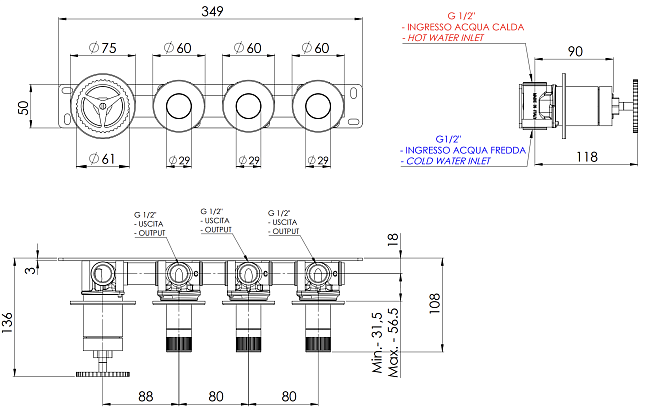 Смеситель для душа Remer Chrono CH98D3PRP, медь брашированная