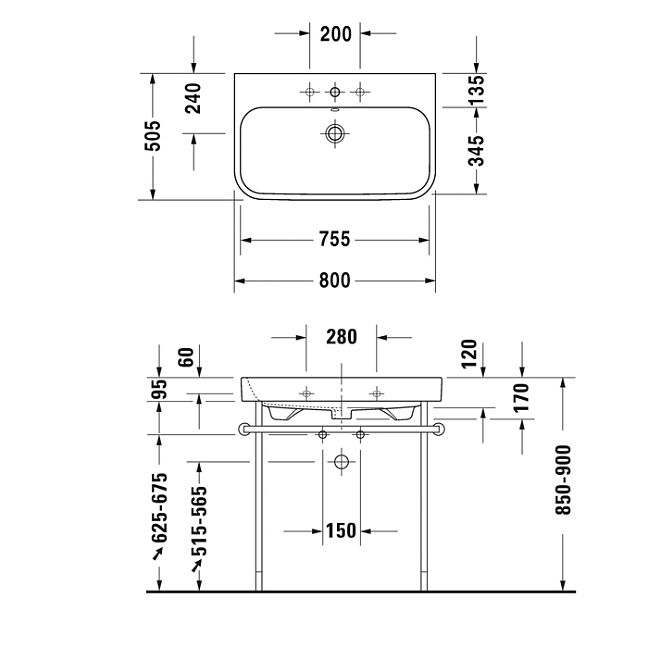 Duravit Happy D.2 Раковина  для мебели с перел., с 3 отв. под смес., вкл. заглушку для перелива, хром, 800x505мм, цвет: Белый