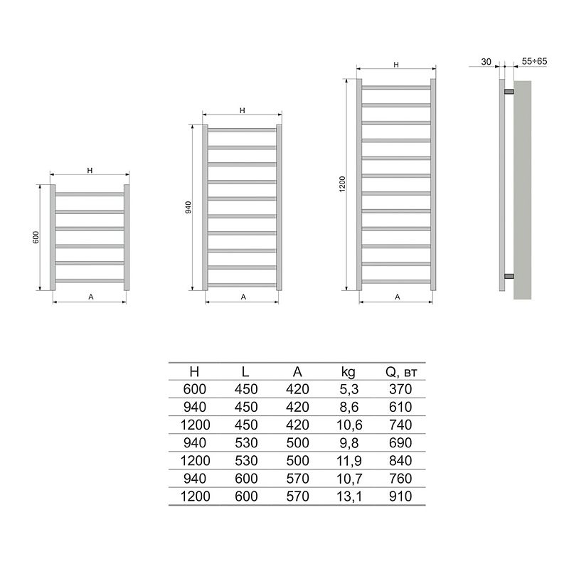 Электрический радиатор-полотенцесушитель NEOINOX QUADRO 120x53 box справа