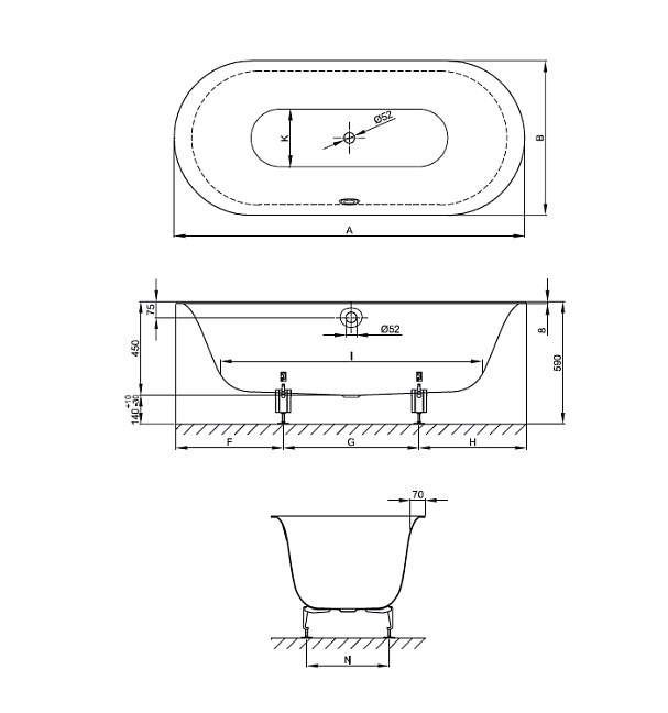 BETTE Lux Oval Ванна встраиваемая овальная с шумоизоляцией 180x80x45 см, с покрытиями Glaze Plus анти-слип, белая (для удлиненного слива-перелива)