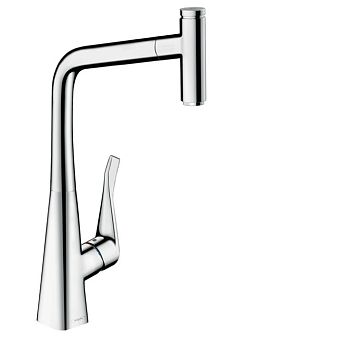 Смеситель для кухни Hansgrohe Metris Select M71 на 1 отв, поворотный излив: 23.5см с вытяжным душем, 1jet, h: 33.3см, sBox, кнопка вкл/выкл, цвет: хром