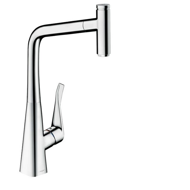 Смеситель для кухни Hansgrohe Metris Select M71 на 1 отв, поворотный излив: 23.5см с вытяжным душем, 1jet, h: 33.3см, sBox, кнопка вкл/выкл, цвет: хром