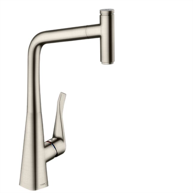 Смеситель для кухни Hansgrohe Metris Select M71 на 1 отв, поворотный излив: 23.5см с вытяжным душем, 1jet, h: 33.3см, sBox, кнопка вкл/выкл, цвет: нержавейка