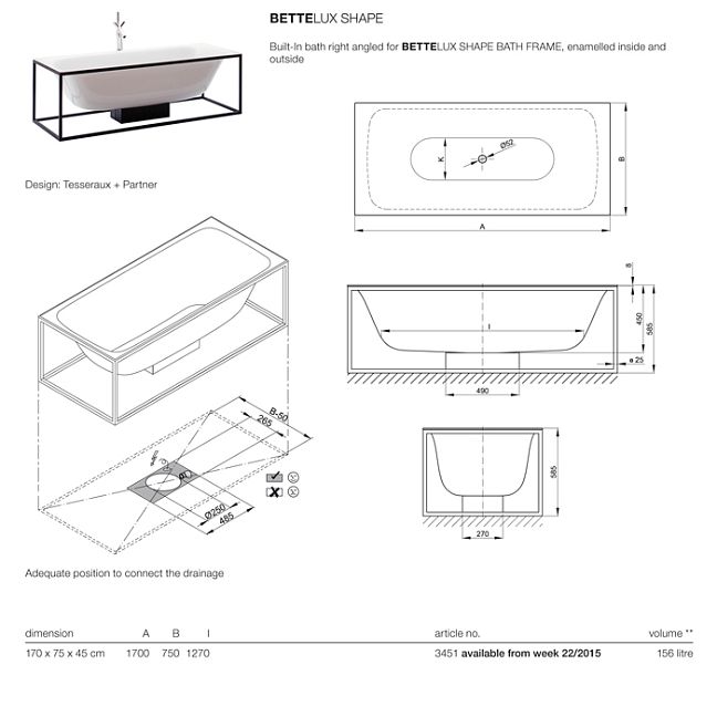 BETTE Lux Shape Ванна  170x75x45 см покрыта эмалью снаружи и изнутри, покрытием BetteGlasur  Plus, белая