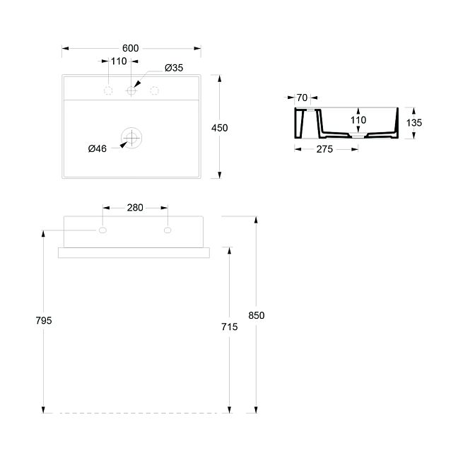 Alice Hide Раковина подвесная, 600*450*B135, с отверстием под смеситель, белый глянцевый