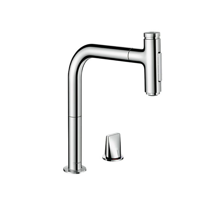 Смеситель для кухни Hansgrohe Metris M71 на 2 отв, поворотный излив: 22.1см с вытяжным душем, 2jet, h:20.8см, sBox, цвет: хром