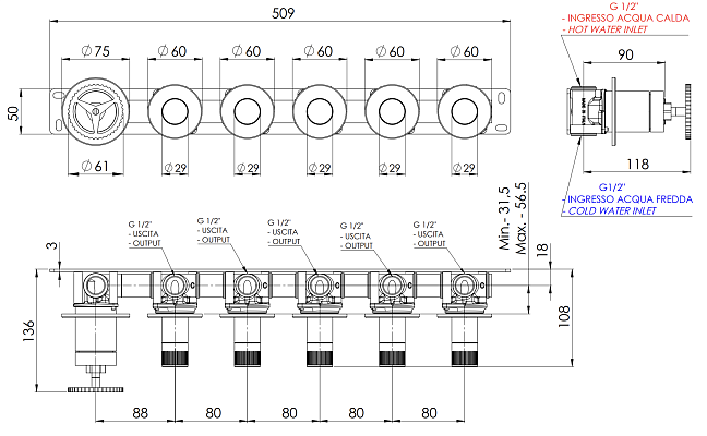 Смеситель для душа Remer Chrono CH98D5PRP, медь брашированная