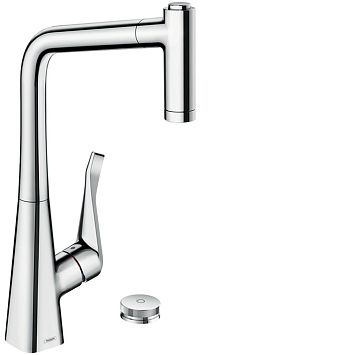 Смеситель для кухни Hansgrohe Metris Select M71 на 2 отв, поворотный излив: 23.6см с вытяжным душем, 2jet, h32см, sBox, кнопка вкл/выкл, цвет: хром