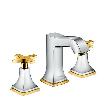 Смеситель для раковины Hansgrohe Metropol 3 отв., изилив: 12,6см., с доным клапаном, цвет: хром/золото