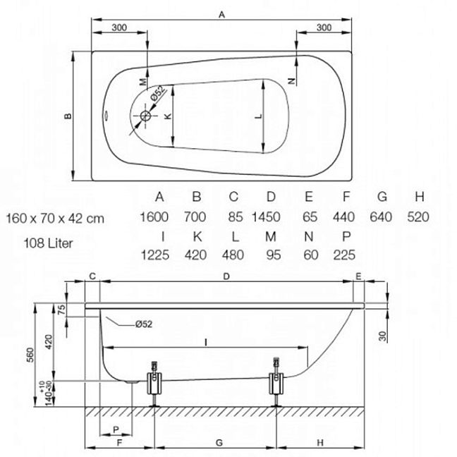 Ванна с шумоизоляцией Bette Form с комплектом ножек, цвет белый 160x70x42