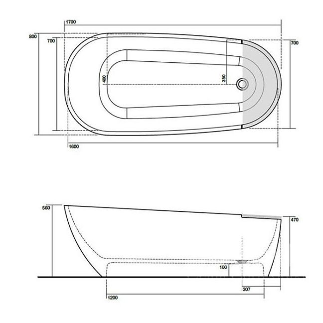 Ванна KERASAN AQUATECH из минерального материала  170х70см, цвет белый (без декоративной накладки из натур. дерева)