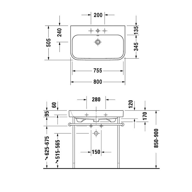 Duravit Happy D.2 Раковина  для мебели шлифованный с перел., с 3 отв. под смес., вкл. заглушку для  перелива, хром, 800x505мм, цвет: Белый