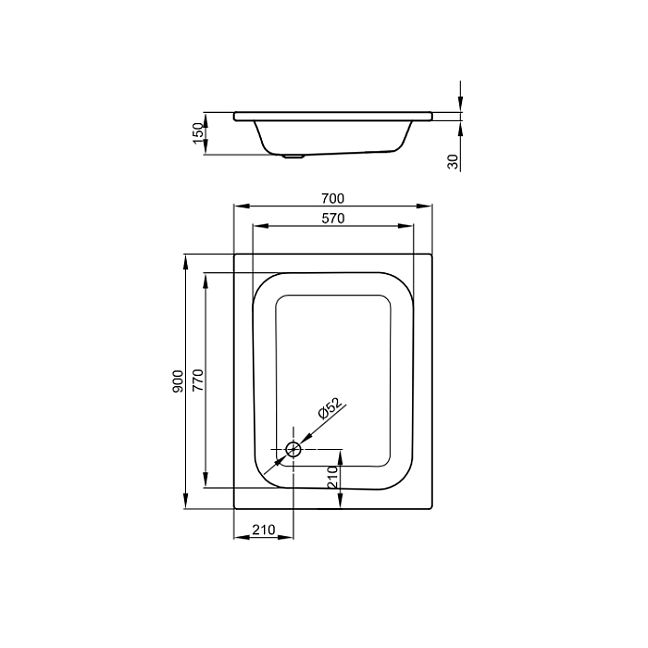 BETTE Душевой поддон прямоугольный 90х70хh15см, D5.2см, цвет: белый