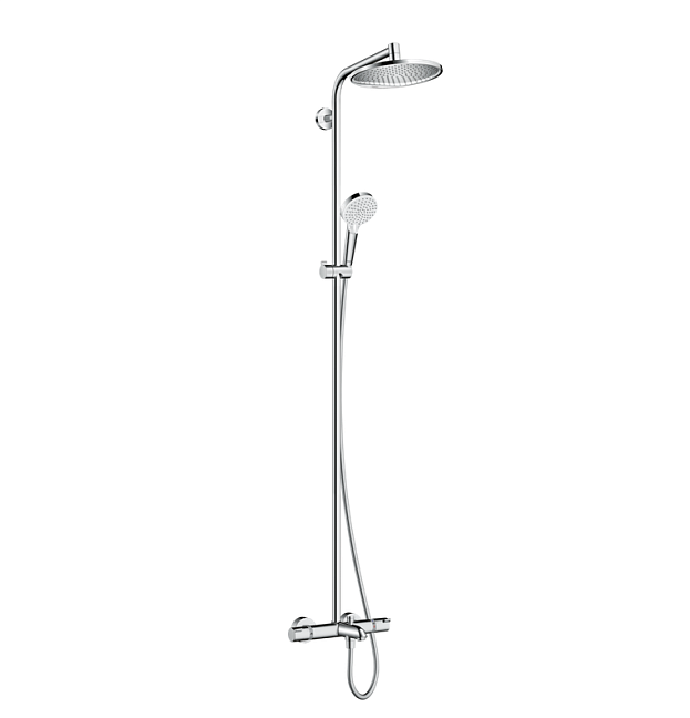 Термостат для душа Hansgrohe Crometta Showerpipe S 240 SHP: термостат для ванны + стойка с верхним душем 240мм + ручной душ со шлангом 160мм, цвет: хром