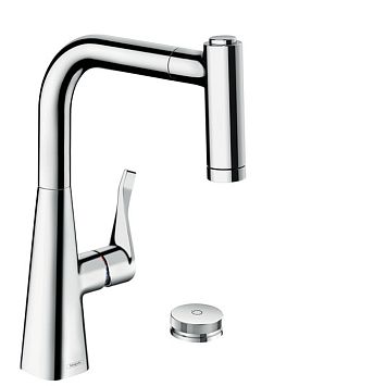 Смеситель для кухни Hansgrohe Metris Select M71 на 2 отв, поворотный излив: 21.1см с вытяжным душем, 2jet, h:22см, sBox, кнопка вкл/выкл, цвет: хром