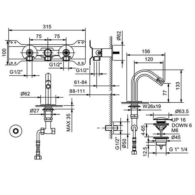 Fantini Venezia Смеситель для биде 2902N411SB, 1 отв., с донным клапаном, излив 120мм, цвет: хром