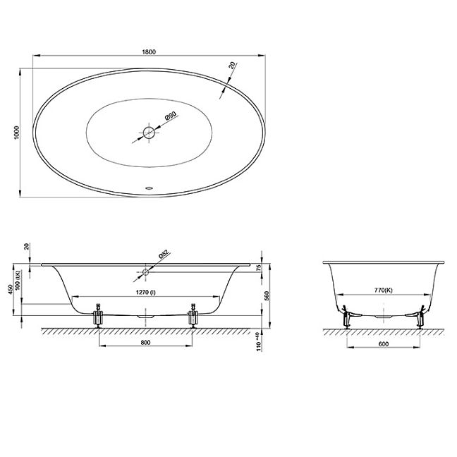 BETTE Eve Oval Ванна овальная с шумоизоляцией 180х100х45см, с BetteGlasur Plus, цвет: белый