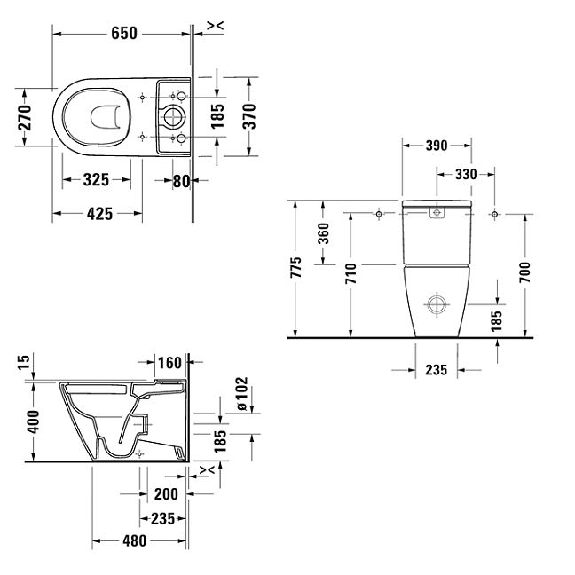 Duravit D-Neo Моноблок 370x650 мм, безободковый, слив универсальный, цвет: белый