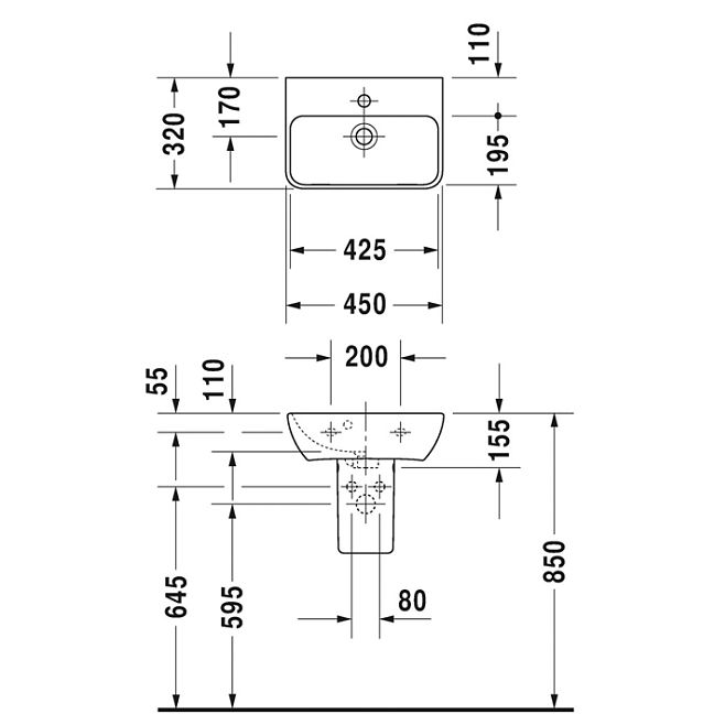 Duravit Me by Starck Раковина для рук с перел., с 1 отв. под смес., 450x320мм, цвет: Белый