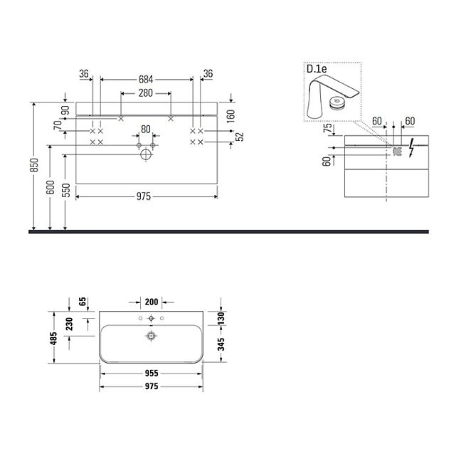 Duravit HAPPY D.2 PLUS Комплект мебели 975х490х468 мм, 2 ящ, с 1 отв для смес, в компл.с сиф и донным клап, раковина bi-color, цвет: Графит супермат